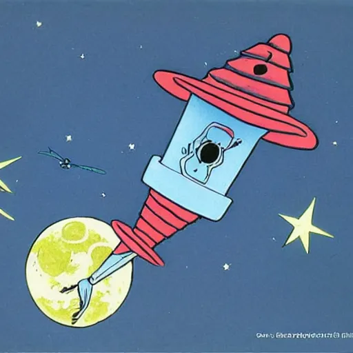 Image similar to a spaceship designed by Dr Seuss flying around the moon