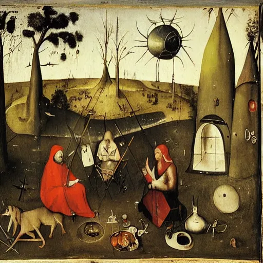 Image similar to homeless alchemist camp in the australian bush, hieronymus bosch