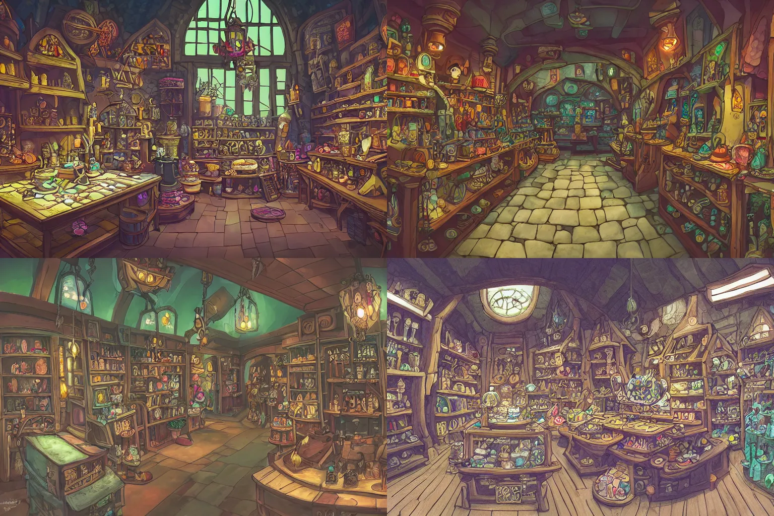 Prompt: inside a magical item shop, fantasy potion vendor interior, studio ghibli studio art style, wide angle, gothic interior