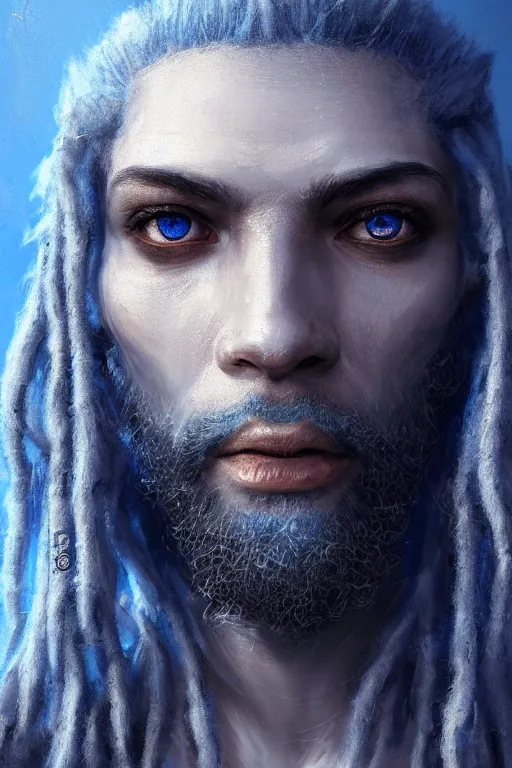 Prompt: portrait of a blue skin genasi with a square jaw from d & d by greg rutkowski, dreadlocks and small beard, tempest priest, runic rings, d & d character, blue, black background, highly detailed portrait, digital painting, artstation, concept art, smooth, sharp foccus ilustration, artstation hq