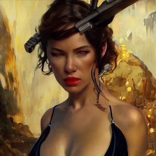 Image similar to highly detailed portrait of a female james bond, d & d. wearing a bikini, art by donato giancola, eugene delacroix, ruan jia, carl larsson, peter mohrbacher. trending on artstation, intricate details, energetic composition, golden ratio, concept art, illustration, elegant art, global illuminaition