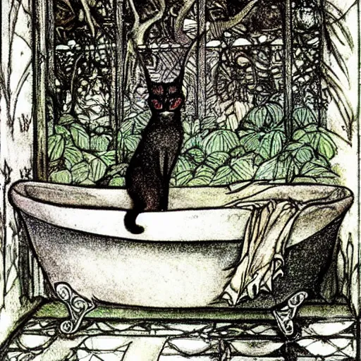 Image similar to cute caracal in bathtub, by Arthur Rackham
