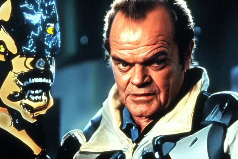 Image similar to Jack Nicholson plays Pikachu Terminator, Terminator's endoskeleton gets exposed and his eye glows red, scene from the film finale