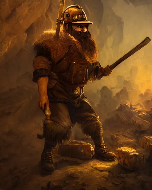 Image similar to oil painting of dwarf miner mining gold with pickaxe, close shot, full body, dark steampunk mine shaft background, sharp focus, fantasy style, octane render, volumetric lighting, 8k high definition, by greg rutkowski, highly detailed, trending on art Station, dungeons and dragons artwork, centered