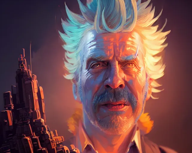 Image similar to fantasy portrait of rick sanchez, intricate abstract. intricate artwork, by greg rutkowski, wlop, beeple, dan mumford. concept art, octane render, trending on artstation, greg rutkowski very coherent symmetrical artwork. cinematic, key art, hyper realism, high detail, octane render, 8 k, iridescent accents