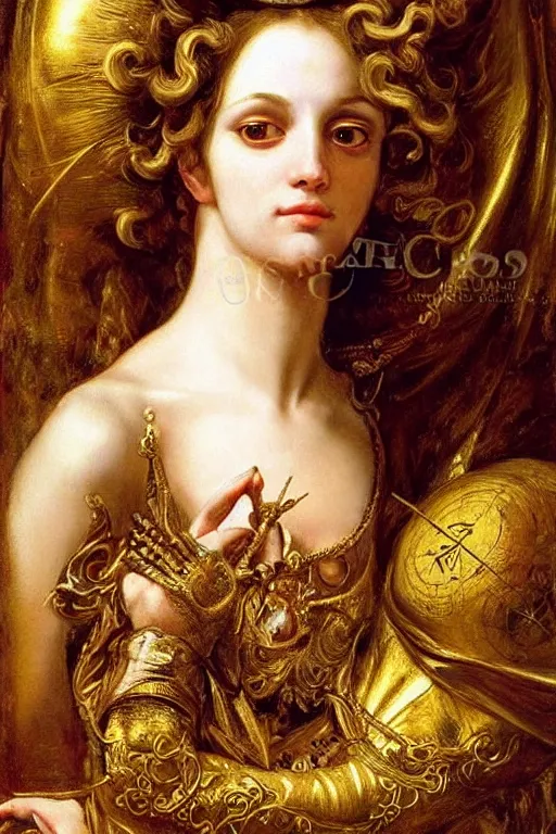 Prompt: hyper realistic painting portrait of the lord of time, occult diagram, elaborate details, rococo, baroque, gothic, intrincate ornaments, gold decoration, caligraphy, occult art, illuminated manuscript, oil painting, art noveau, in the style of roberto ferri, gustav moreau, waterhouse - c 9