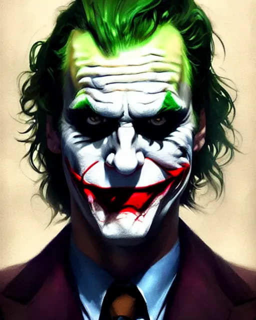 Image similar to character full body portrait of the joker | | realistic shaded, unpleasant face, bad looking, fine details, realistic shaded lighting poster by greg rutkowski, magali villeneuve, artgerm, jeremy lipkin and michael garmash and rob rey