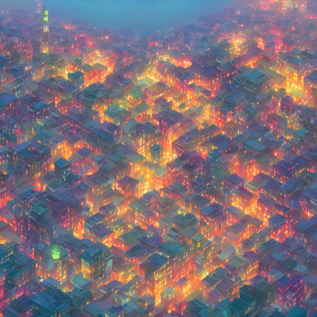 Prompt: colorful digital illustration of uskudar, by makoto shinkai and thomas kinkade and james gilleard, pixar style, beautiful matte painting, high detail, heavenly glow, colorful, octane render, 4 k hd wallpaper