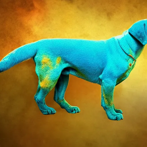 Prompt: a photograph of a huge turquoise colored dog in space
