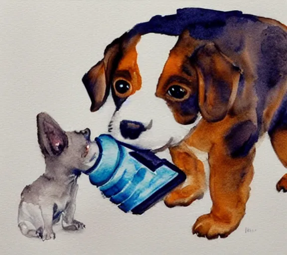 Prompt: A puppy barking at a vacuum cleaner, watercolor painting, trending on artstation