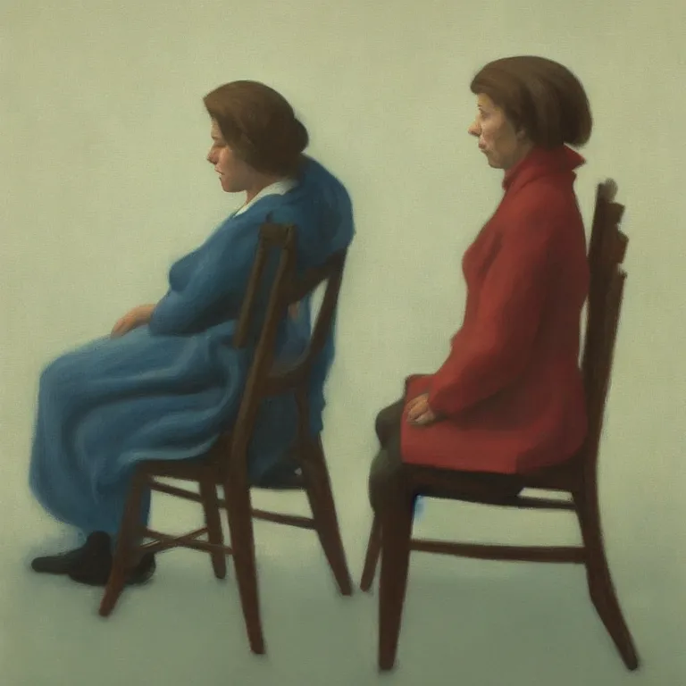 Image similar to woman sitting behind a chair, fog, early morning, , painted by Edward Hopper, painted by Wayne Barlow, airbrush