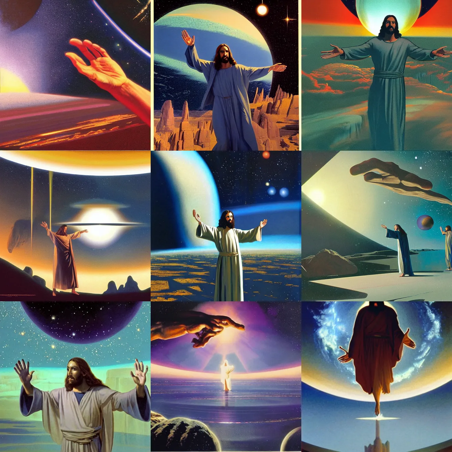 Prompt: beautiful matte painting art of Jesus waving his hands and creating universes, by Syd Mead, John Harris, Federico Pelat