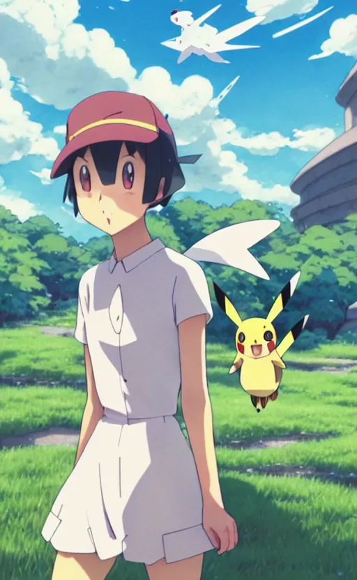 Prompt: a pokemon go card from 1 9 5 0, illustration, insect trainer girl, clear sky background, lush landscape, concept art, anime key visual, trending pixiv fanbox, by wlop and greg rutkowski and makoto shinkai and studio ghibli and kyoto animation, realistic anatomy, symmetrical facial features, short hair, hair down