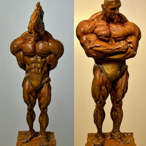 Prompt: Sculpture of a bodybuilder made entirely from cheese, by Antoni Gaudi