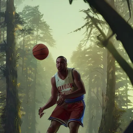 Image similar to highly detailed basketball player, in gta v, stephen bliss, unreal engine, fantasy art by greg rutkowski, loish, rhads, ferdinand knab, makoto shinkai and lois van baarle, ilya kuvshinov, rossdraws, tom bagshaw, global illumination, radiant light, detailed and intricate environment