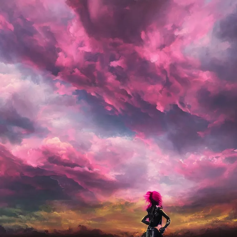 Prompt: oil painting, punk, pretty face, rich deep colors masterpiece, pink, mohawks, neon, ultra detailed, contrast, heaven pink, arches, clouds, sky, volumetric light, atmospheric lighting, dramatic, cinematic, moody, octane render 4 k, 8 k