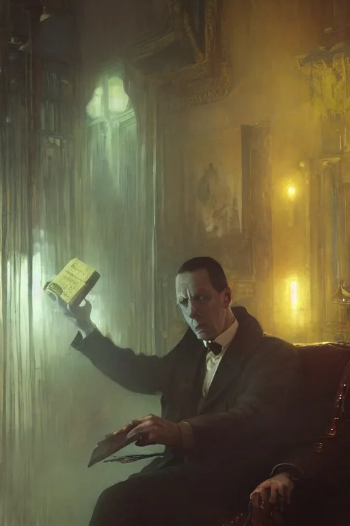 Image similar to , h p lovecraft reading an ancient tome at a victorian study hyperrealistic portrait, bladerunner street, art of elysium by jeremy mann and alphonse mucha and greg rutkowski, fantasy art, photo realistic, dynamic lighting, artstation, poster, volumetric lighting, very detailed face, 4 k, award winning