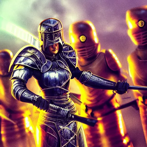Image similar to female knight with an electric longsword rallies a band of troops, dramatic, dynamic lighting, colorful, intricate, hyper realism, 8 k, high resolution