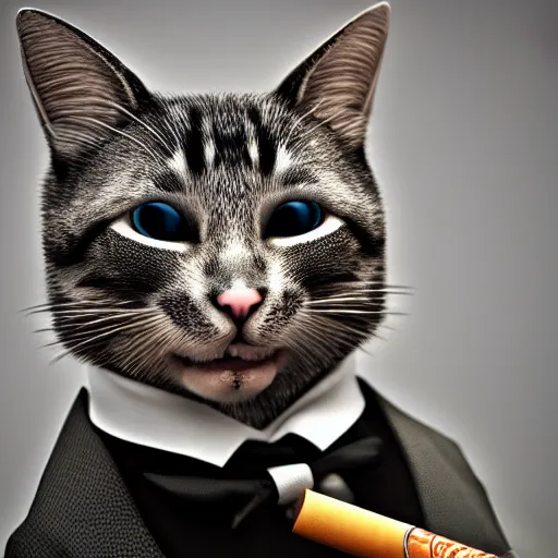 Image similar to a high quality photo of a cat wearing a suit and smoking, render, ultra realistic, cgsociety