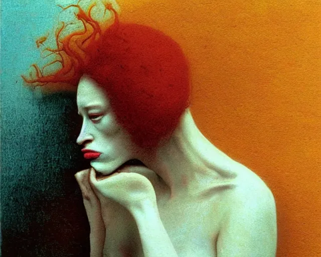 Image similar to by francis bacon, beksinski, mystical redscale photography evocative lips. kat dennings uma thurman christina hendricks tilda swinton