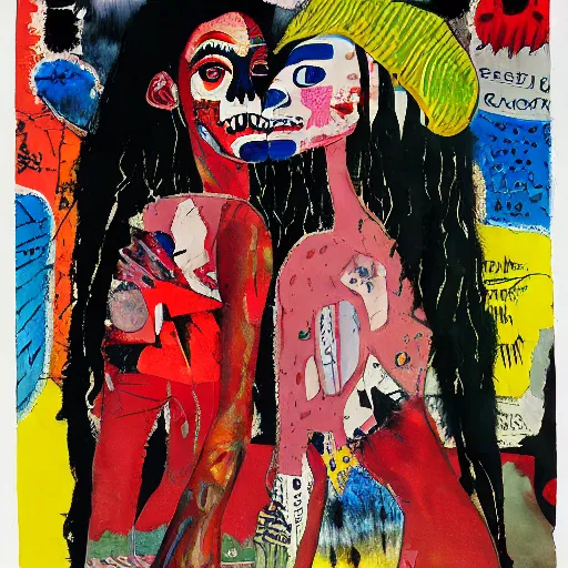 Image similar to watercolor painting of a closeup of two bizarre psychedelic scary women kissing in japan in winter, speculative evolution, mixed media collage by basquiat and jackson pollock, maximalist magazine collage art, sapphic art, psychedelic illustration