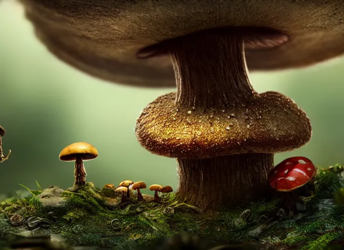 Image similar to intricate mechanical caterpillar sitting on top of a mushroom in a magical forest. Very detailed 8k. Fantasy cyberpunk horror. Sharp. Cinematic post-processing