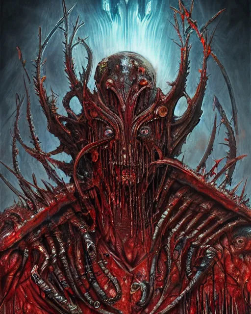 Prompt: charred bloody fleshmetal cyborg daemonhost of tzeentch, by antonio j. manzanedo, giger, alex grey, android jones, wayne barlowe, philippe druillet, raymond swanland, cyril rolando, josephine wall, harumi hironaka, cronenburg, trending on artstation