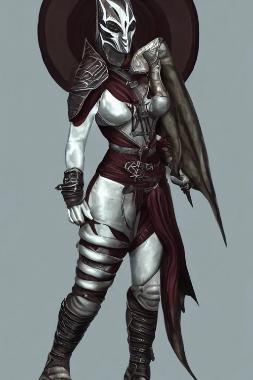 Image similar to female adventurer in tight full - body leather armor of dunmer design with white porcelain crow mask, trending in artstation, establishing shot