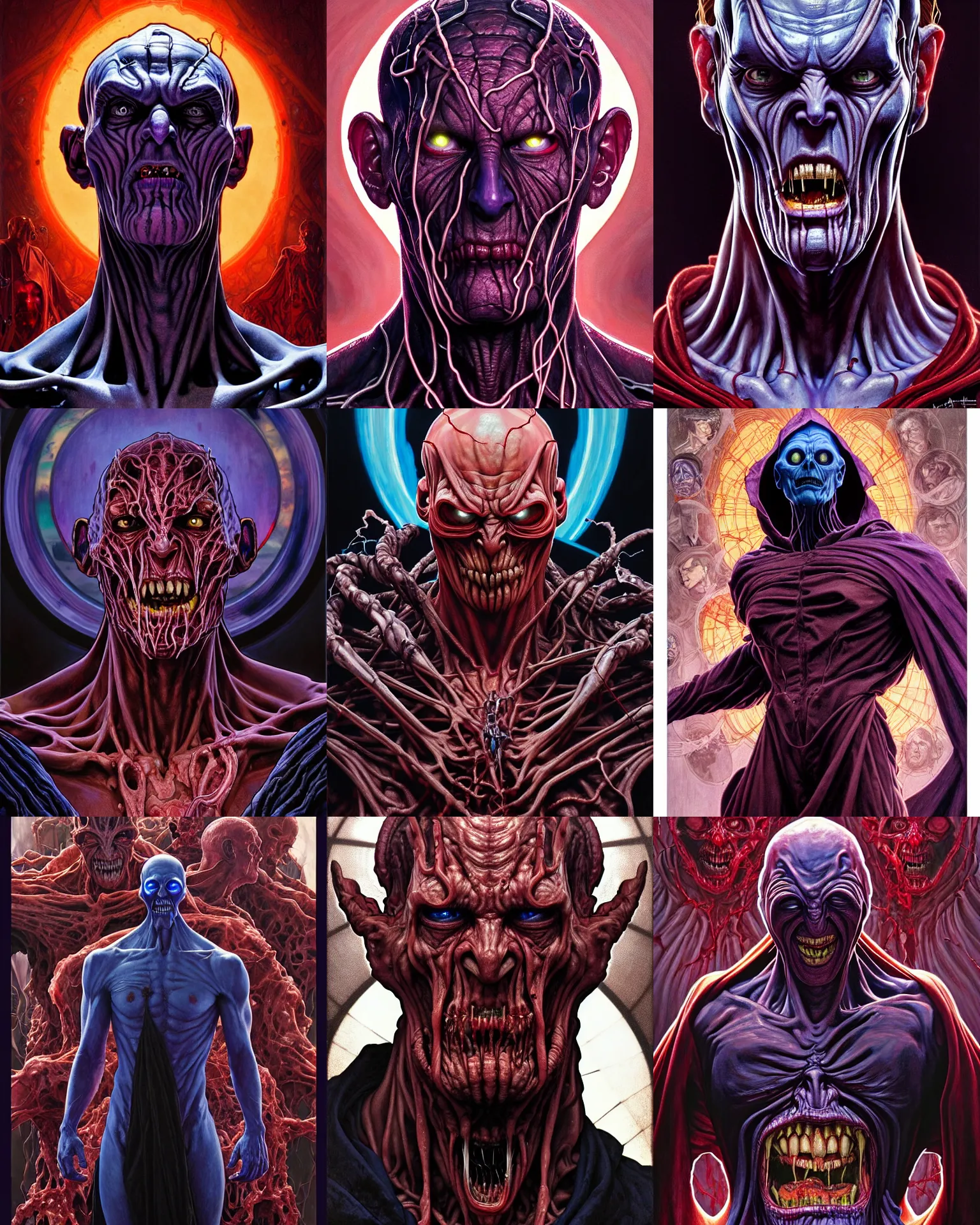 Prompt: the platonic ideal portrait painting of cletus kasady ultimate carnage thanos dementor doctor manhattan chtulu nazgul, detailed, intricate, hyperrealism, intense, scary, decay, dmt, art by brock hofer and artgerm and greg rutkowski and alphonse mucha