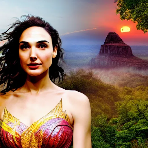 Prompt: Portrait of the beautiful woman Gal Gadot, she is posing, she has a crown of flowers, she is sitting on a rock in an ancient forest, there is fog, she is getting ulluminated by the rays of the sunset, the photo was taking by Steve McCurry, matte painting, oil painting, naturalism, 4k, 8k