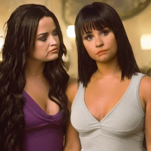 Image similar to Demi Lovato as Piper Halliwell and Selena Gomez as Phoebe Halliwell and Ariana Grande as Prue Halliwell in a Charmed movie directed by Christopher Nolan, movie still frame, promotional image, imax 35 mm footage