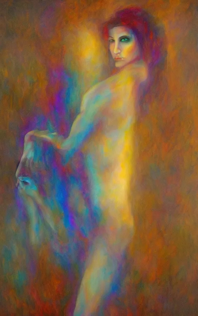 Image similar to iridescent spirit of desire and fear cruel beautiful spirit androgynous with golden eyes lunar mythos ambient fog, award winning oil painting, distinct color palette