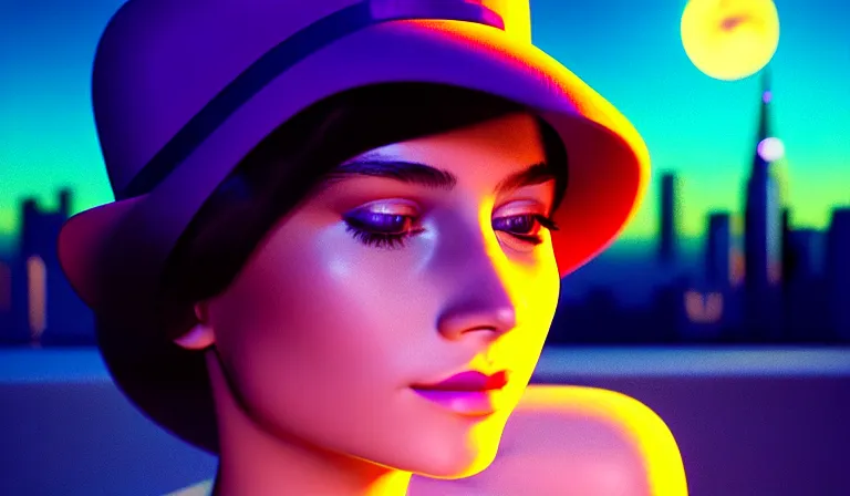 Image similar to a beautiful and immaculate young teenager girl with fedora hat. synthwave, night time, detailed. trending on artstation. recommended for you behance. by chris moore. by edward hopper., beeple colors, metropolis filmic. gotham city.