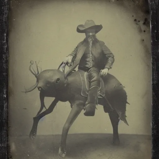 Image similar to underwater tintype photo of a cowboy riding a giant squid