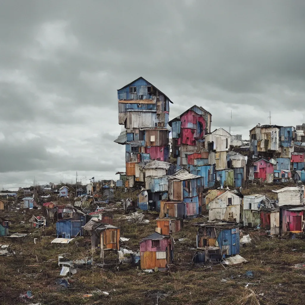 Image similar to towers made up of colourful makeshift squatter shacks, bleached colours, moody cloudy sky, dystopia, mamiya, very detailed, photographed by cristina de middel