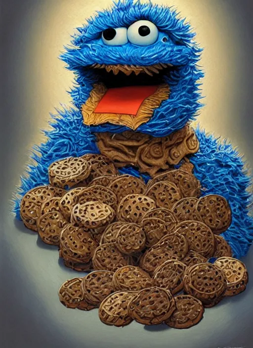 Image similar to Portrait of Cookie Monster from Society (1989), intricate, highly detailed, centered, digital painting, artstation, concept art, smooth, sharp focus, illustration, artgerm, donato giancola, Joseph Christian Leyendecker, WLOP, Artgerm
