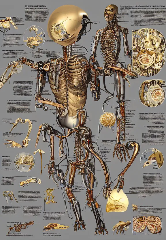 Prompt: highly detailed labeled medical anatomy poster of a robotic abomination, poster paper with notes, well - lit, ray tracing, detailed, mechanism, forbidden - knowledge, intricate details, gold and silver ink