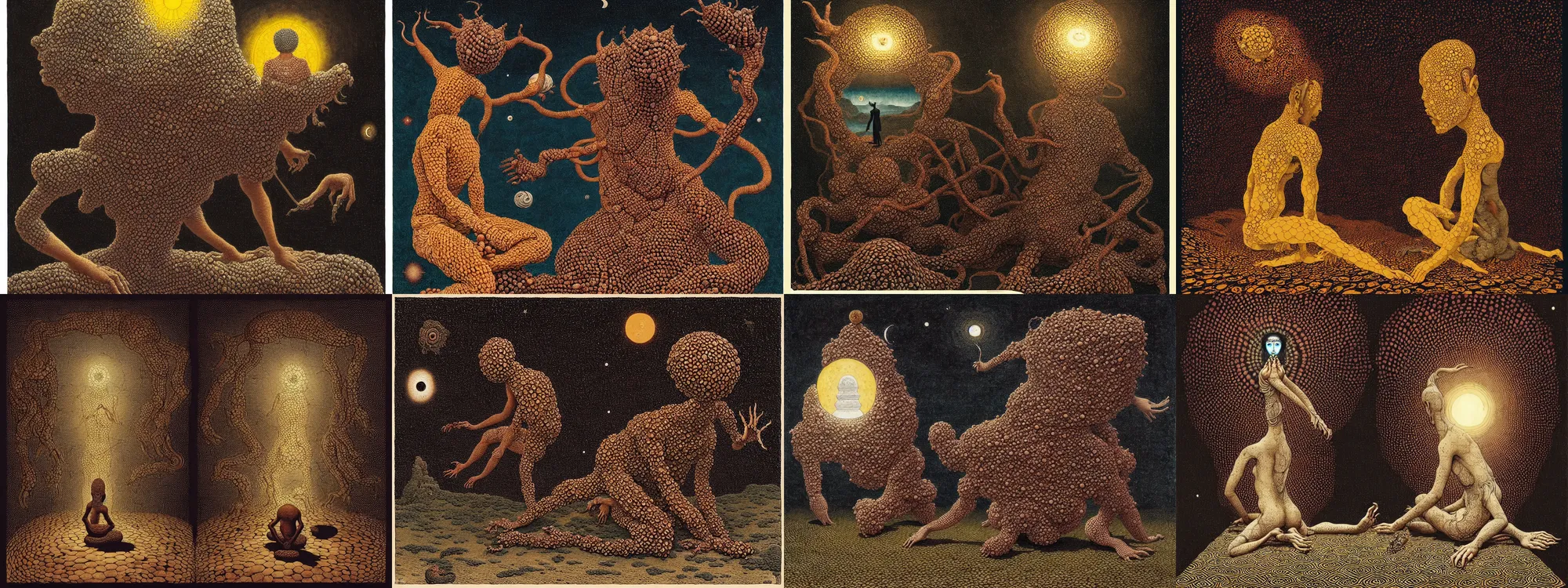 Prompt: an ancient creature, by asaf hanuka, by caspar david friedrich, by wangechi mutu, stipple, tibetan painting, indian art, soviet art, dichromatism, super - resolution, polyhedral, divine, accent lighting, cotton, crochet, on path to enlightenment