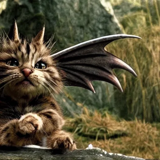 Image similar to a film still of a very cute fantasy cat with beautiful dragon wings in the film lord of the rings