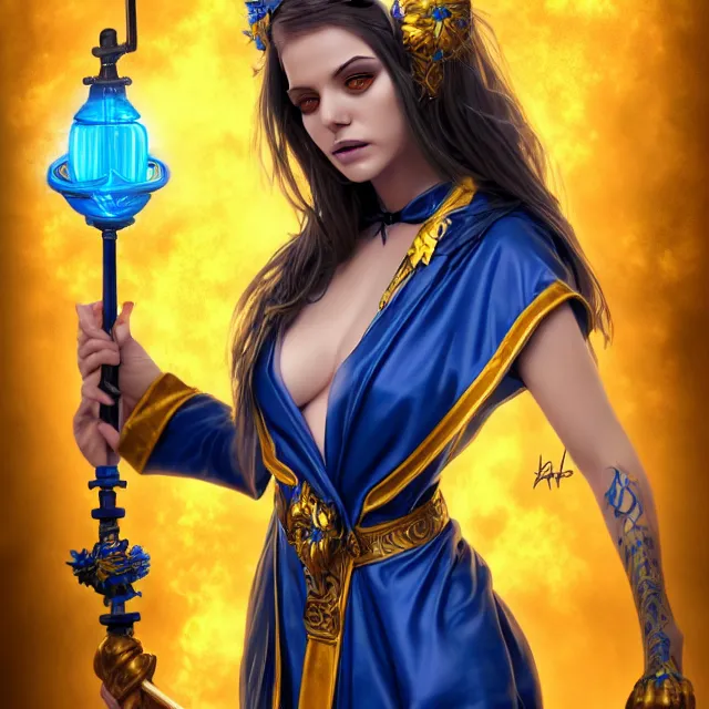 Image similar to beautiful elemental electric witch with ornate blue andyellow robes and staff, highly detailed, 4 k, hdr, smooth, sharp focus, high resolution, award - winning photo, artgerm, photorealistic