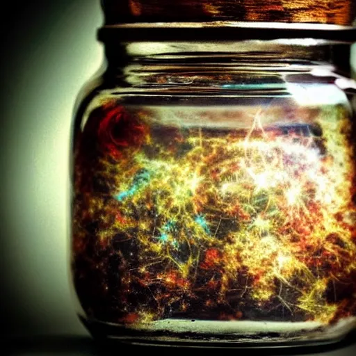 Prompt: the universe contained inside a glass jar kept in a vintage shelf