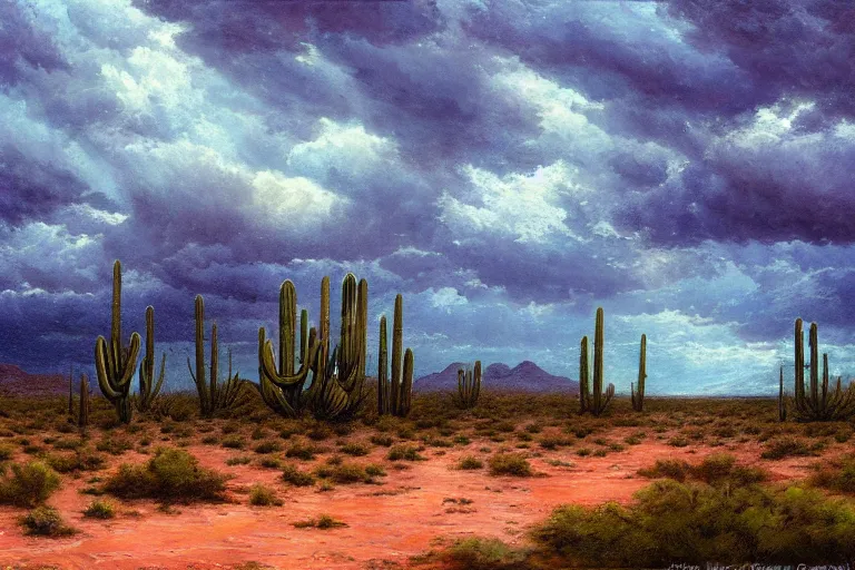 Prompt: a stormy monsoon rainstorm in the arizona desert, the sonoran desert landscape is full of life, water puddles, beautiful cloudy deep blue sky, by georgia o'keeffe and thomas kinkade and quentin mabille and geoffroy thoorens, trending on artstation