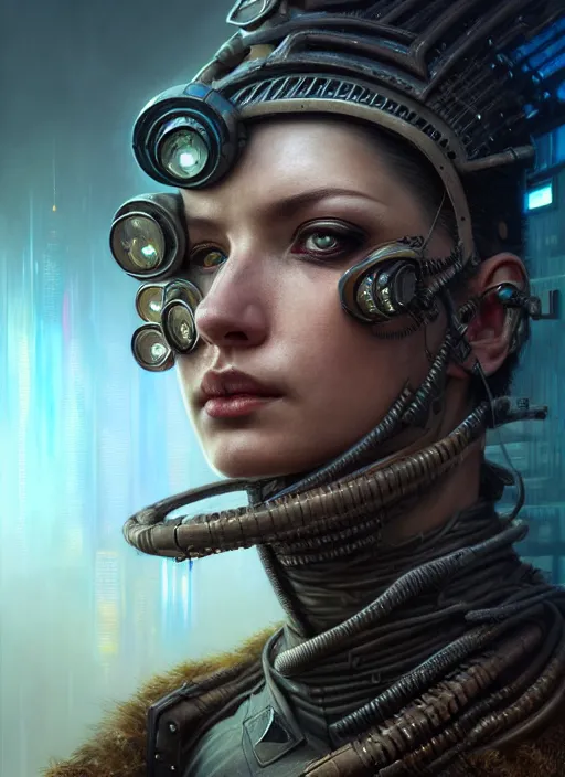 Image similar to closeup portrait shot of a cyberpunk warrior in a scenic dystopian environment, intricate, elegant, highly detailed, centered, digital painting, artstation, concept art, smooth, sharp focus, illustration, artgerm, tomasz alen kopera, peter mohrbacher, donato giancola, joseph christian leyendecker, wlop, boris vallejo