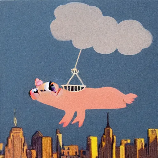 Image similar to a pig flying above new york