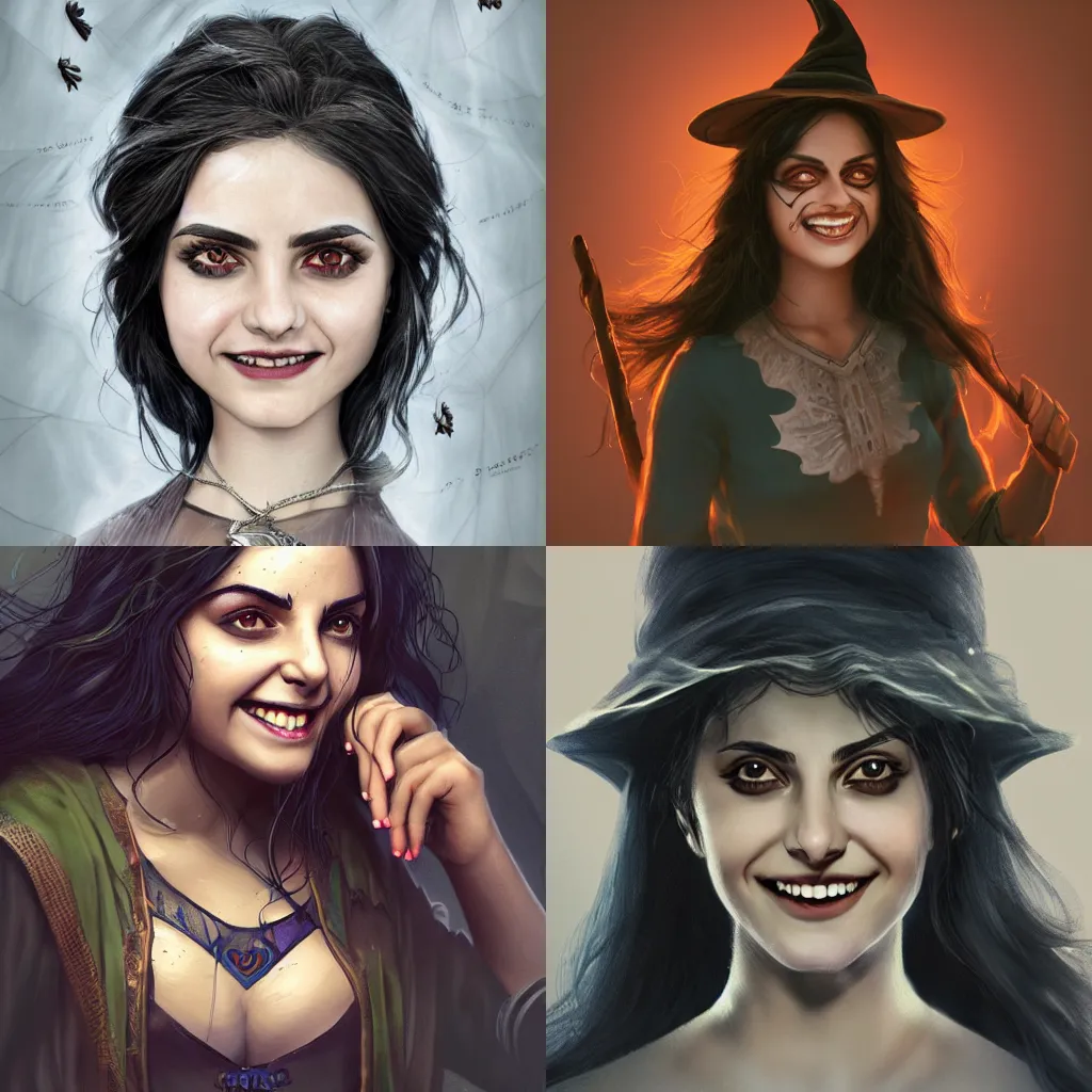 Prompt: female Camila Mendes, as a witch, fun smile, pale face, realistic character concept, medium shot, fun pose, comic book, illustration, artstation, cinematic lighting, hyperdetailed, cgsociety, 8k, high resolution, insanely detailed and intricate, beautiful