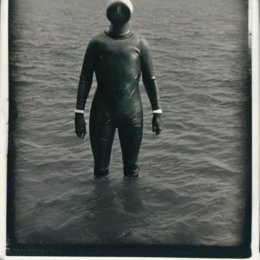 Prompt: Thalassophobia photo of a diver in an old school dive suit, 1930s Polaroid