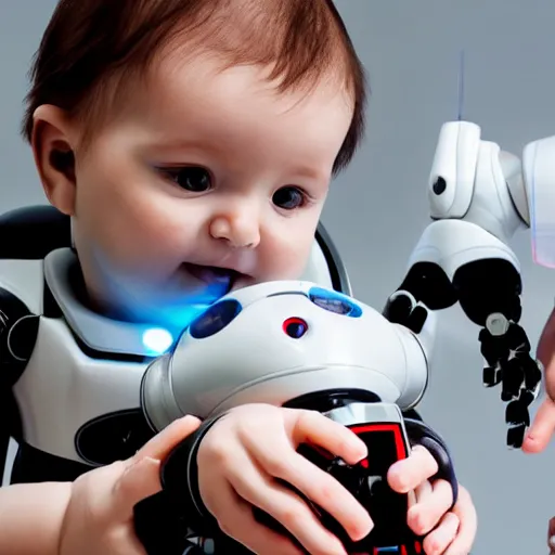 Image similar to cybernetic infant held lovingly by two robots