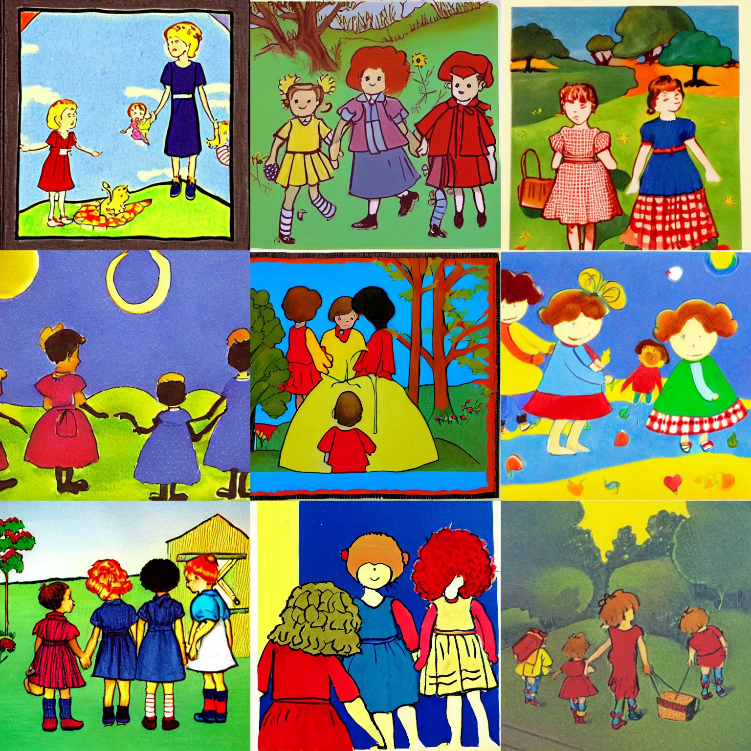 Prompt: end of the day, Kay welcomed them back The children, Illustration for small Children in the style of Dorothy Brook, , primary color scheme