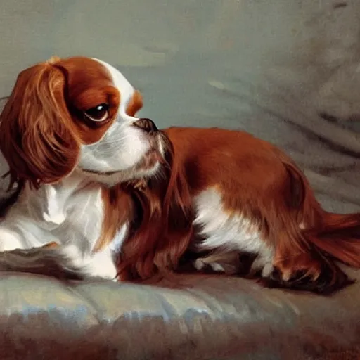 Image similar to a cavalier king charles spaniel who is really bored, tired, lying on a sofa with pillows, oil on canvas, by artgerm and greg rutkowski and alphonse mucha