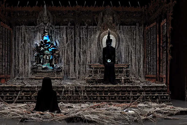 Image similar to vampire queen sitting on a throne in the abandoned buddhist temple, omnious, eerie, magnificent, wow, intricate, by nicola samori, by ryoji ikeda